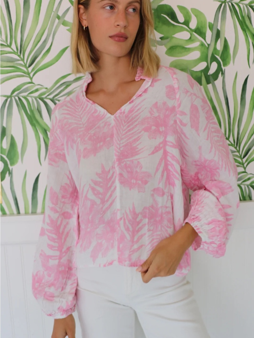 FÉLICITÉ Pink Floral V-Neck Women's Cotton Blouse Size 3